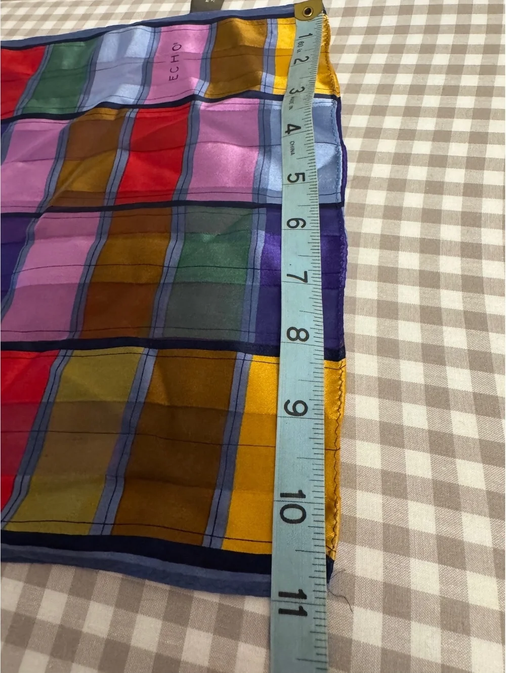 Vintage Echo 100% Silk Multicolor Plaid Long Scarf 60” x 10.5”